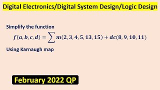 Simplify the function 𝒇(𝒂,𝒃,𝒄,𝒅)=∑𝒎(𝟐,𝟑,𝟒,𝟓,𝟏𝟑,𝟏𝟓)+𝒅𝒄(𝟖,𝟗,𝟏𝟎,𝟏𝟏) Using Karnaugh map