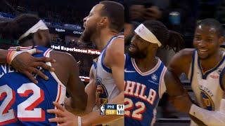 Steph Curry jumps and cheers in Pat Bev's face after he got tangled up with Kumi