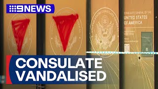 US Consulate vandalised with sledgehammer in Sydney | 9 News Australia