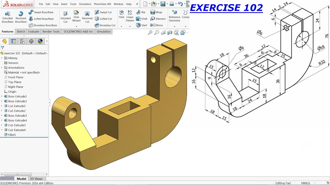 SolidWorks Tutorial For Beginners Exercise 102 - YouTube