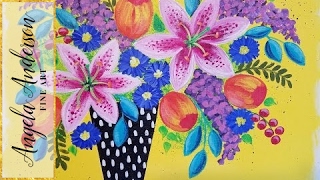 Easy Floral Acrylic Bohemian Vase Painting | How to Paint Lilies, Lilacs & Tulips