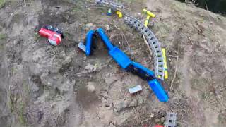 Lego 9v train layout in the garden - bridge and hill  - experment and collapse/ crash go pro
