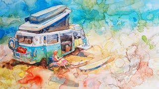 How to Draw a VW Camper Van KOMBI and women #Watercolor #KOMBI #camping #beach