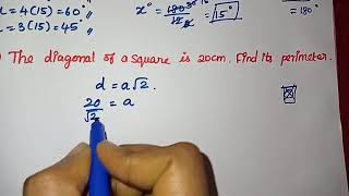 The diagonal of a square is 20cm.Find it's perimeter