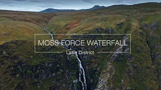 Moss Force Waterfall. Lake District Cinematic Aerial.