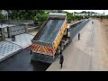 Amazing Reverse Drop Spreading Gravel from 10 Wheel Dump Truck With Skills Operator