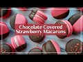 Chocolate Covered Strawberry Macarons | Strawberry Buttercream Filled Macarons Dipped in Chocolate!