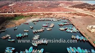 Gopalpur-on-Sea Fish jetty, with blue boats galore, in stunning aerial view of Oriya seaboard town