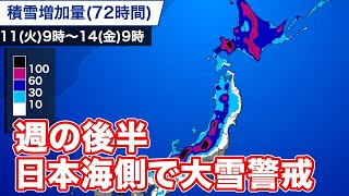 週後半は北日本で大雪に警戒　日本海側の積雪は1m以上増加予想