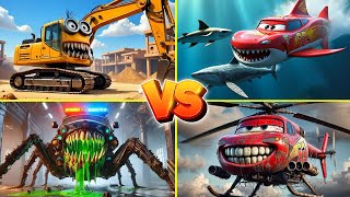 Minion Excavator 🆚 McQueen Shark 🆚 Cars 3 Sheriff Exe 🆚 McQueen Helicopter - Spinning Wheel