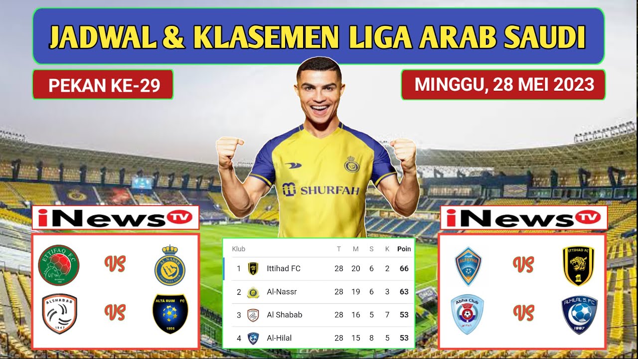 Jadwal Liga Arab Saudi Pekan Ke-29 | ETTIFAQ VS AL NASSR ~ AL FEIHA VS ...