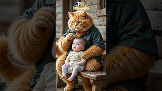 an orange fat cat finds a baby #cat #catlover #aiart #fyp #catshorts #shorts