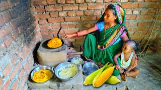 🌄20 Years Old Women \u0026 A Little Baby | Corn Roti Recipe with 1 Chatni | Best Breakfast Chilka Recipe