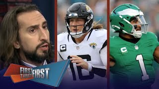 FIRST THINGS FIRST | Nick Wright reacts to Eagles defeated Jaguars | Hurts: 297 Yds, 3 TD