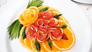 Art In Apple Rose & Orange Rose | Fruit Carving Garnish | Food Decoration | Party Garnishing