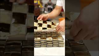 Glossy 3D Gold Checkerboard Metal and Glass Mosaic Tiles in Stainless Steel