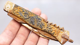 Restoring rusty old hunting pocket knife. Knife restoration