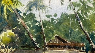 Paint a Tropical Beach with palm trees, loose beginners Watercolor Landscape, Watercolour Tutorial