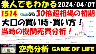 【空売分析】1514 住石ホールディングス！2年で30倍超！材料で買うな！大口の買い時・買い方！密かに買い集める時の裏側にあるもの！2022年相場初期の機関空売状況再分析！【20240407】