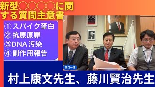 新型コロナ◯◯◯◯に関する質問主意書。村上康文先生と藤川賢治先生。①スパイク蛋白毒性 ②抗原原罪 ③DNA汚染 ④副作用報告の実態