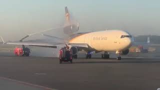 Incident: UPS MD11 at Warsaw on Aug 15th 2019, engine shut down, flames out of engine after landing