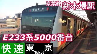 E233系5000番台電車【快速 東京】京葉線新木場駅で快速東京行きの到着～発車を撮影