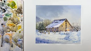 Easy Watercolor Landscape – Old Barn at winter