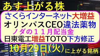 あす上がる株　2024年１０月２９日（火）に上がる銘柄。さくらインターネットが増益。オリンパスCEOが違法薬物。日東電工は増益、ＴＯＴＯ下方修正。～最新の日本株情報。高配当株の株価やデイトレ情報も～