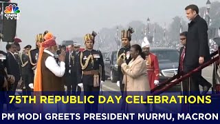 75th Republic Day: PM Modi Greets Droupadi Murmu & Chief Guest Emmanuel Macron At Kartavya Path