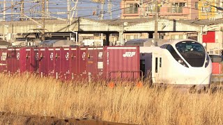 貨物列車のとなりを通過する特急ひたち＠岩沼駅