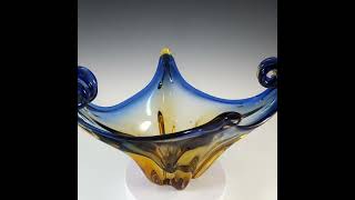 20thcenturyglass.com | Murano Blue \u0026 Amber Cased Glass Vintage Sculpture Bowl