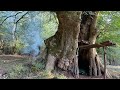 Building Complete And Warm Survival Shelter In The Trunk , Bushcraft Tree Hut & Fireplace With Dirt