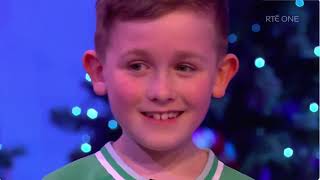 Stevie Mulrooney, sings a few bars of Ireland Call on The Christmas Late Late ToyShow