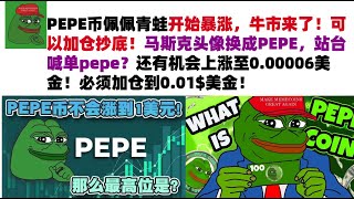 PEPE币佩佩青蛙开始暴涨，牛市来了！可以加仓抄底！马斯克头像换成PEPE，站台喊单pepe？还有机会上涨至0.00006美金！必须加仓到0.01$美金！#PEPE币#meme币#佩佩币行情分析