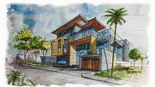 HOW TO DRAW  A MODERN HOUSE USING 2 POINT PERSPECTIVE.