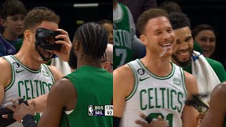 Jaylen Brown gives his facemask to Blake Griffin after headbutt by Thanasis Antetokounmpo 😂