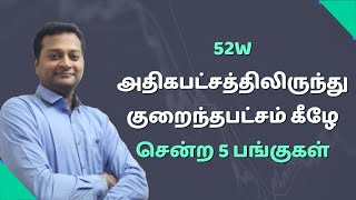 52W அதிகபட்சத்திலிருந்து குறைந்தபட்சம் கீழே சென்ற 5 பங்குகள் I Stock Market Tamil