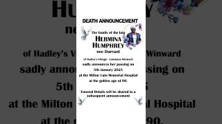 Hermina Humphrey nee Durrant | Death Announcement | January 2025 #SVG #StVincent