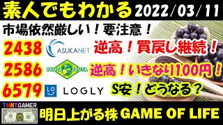 【明日上がる株】2438 アスカネット！逆高！機関買戻し継続！2586 フルッタフルッタ！逆高！最後の最後100円に！6579 ログリー！S安！まだわからん！出来高少ない時買い！【20220311】