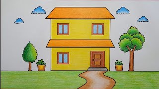 House Drawing | How to Draw a Level House Step by step Very Easy | House Scenery Drawing