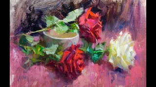 Red and White Roses with a Bowl  - alla prima in oil - live demo - Part 1