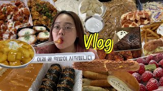 9년차 커플 먹방브이로그, 살쪄서 스트레스 받을 땐 떡볶이를 Jo져요 (ft. 로제떡볶이, 두마리깻잎치킨, 마왕족발, 햄치즈휠렛버거, 치파오치킨, 딸기티라미수, 도지마롤)