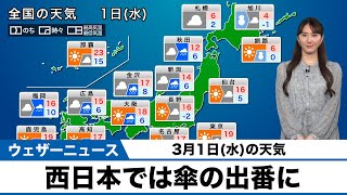 3月1日(水)の天気　北日本と西日本では傘の出番に