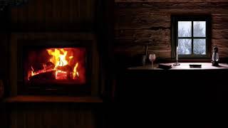 Cozy room with fireplace | Rain and snow outside | Sleep music for 1 hour