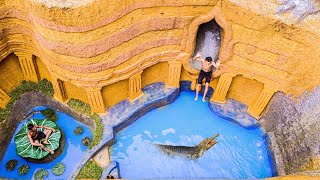 100 Days Build Swimming Pool Water Slide Crocodile Around Underground House - Primitive Survival