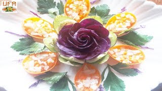Lovely Purple Cabbage Rose Flower Laying In The Eggplant Lotus Flower With Carrot & Radish Garnishes