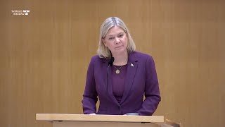 Magdalena Andersson talar i riksdagens EU-partiledardebatt 15 november 2023