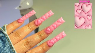 pink puffy acrylic nails, Valentine’s Day nail design