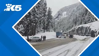 Conditions near Snoqualmie Pass clear up after snowy conditions led to full closure of I-90