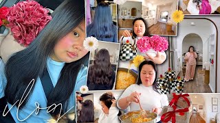 VLOG: getting hair extensions + sew-in transformation + new bathroom remodel + cooking home recipes!